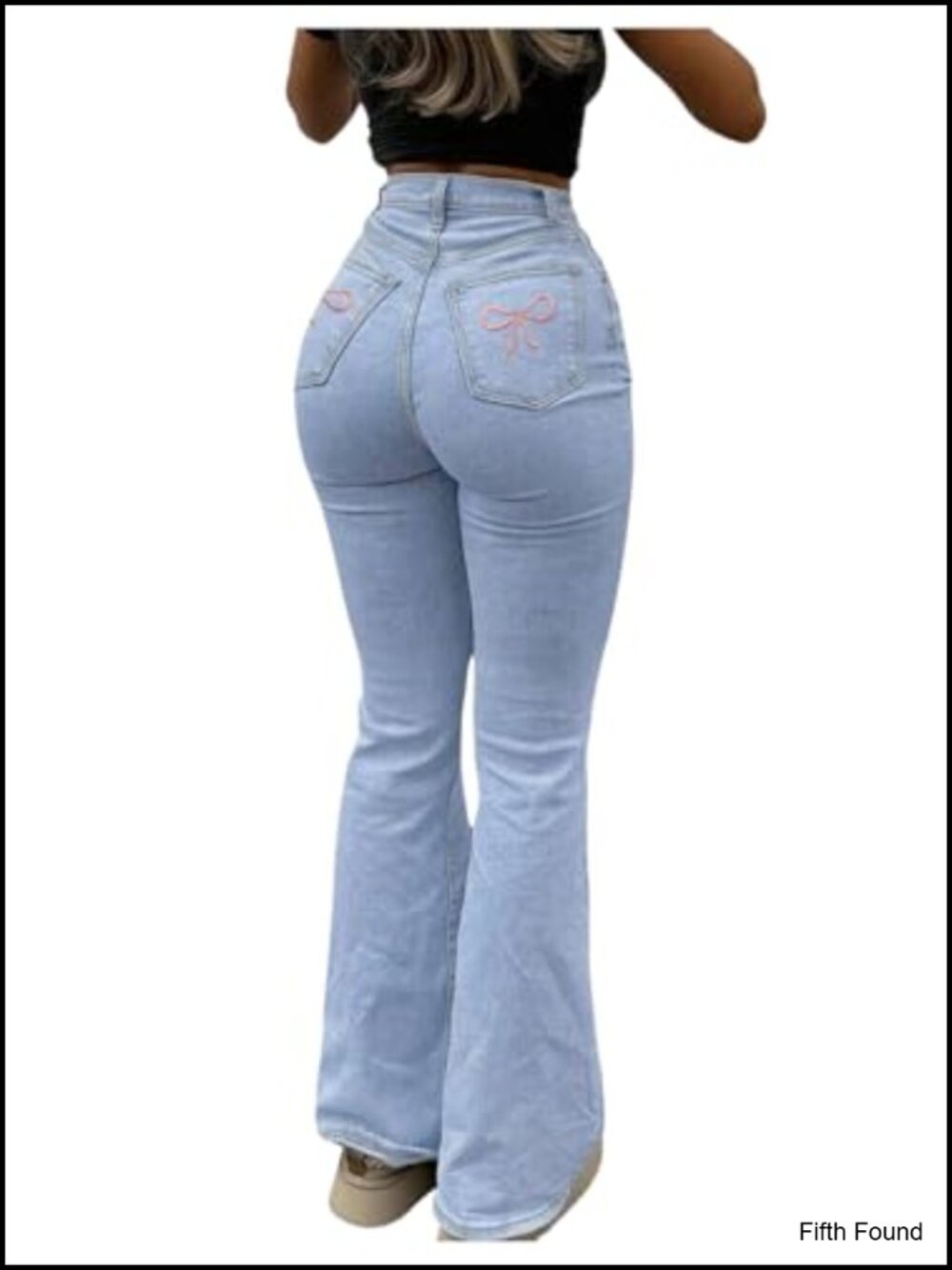 Women's Bow Embroidered Bell Bottom Flare Jeans High Waisted Stretchy Denim